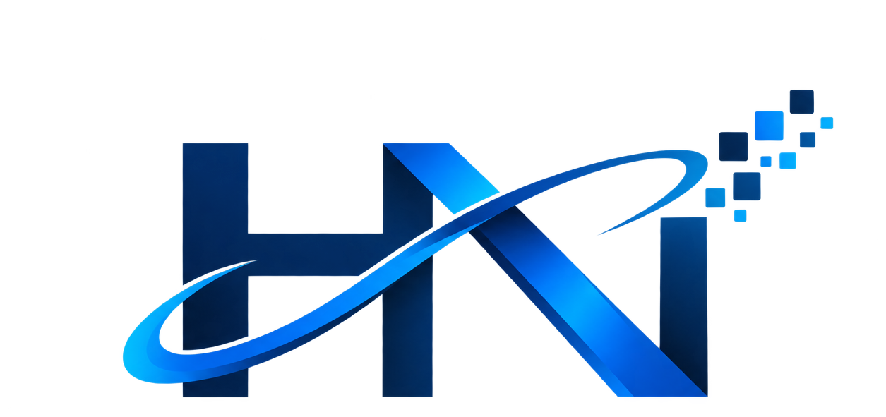 HN InfraTech corporate vector logo mark featuring a geometric interconnected monogram 'HN' symbolizing technology infrastructure and human talent networks, paired with clean modern typography 'HN InfraTech'. Deep navy and vibrant electric blue tones.. Brand logo